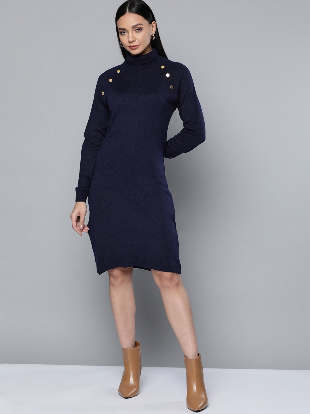 

Chemistry Navy Blue Solid High Neck Jumper Dress With Button Detail