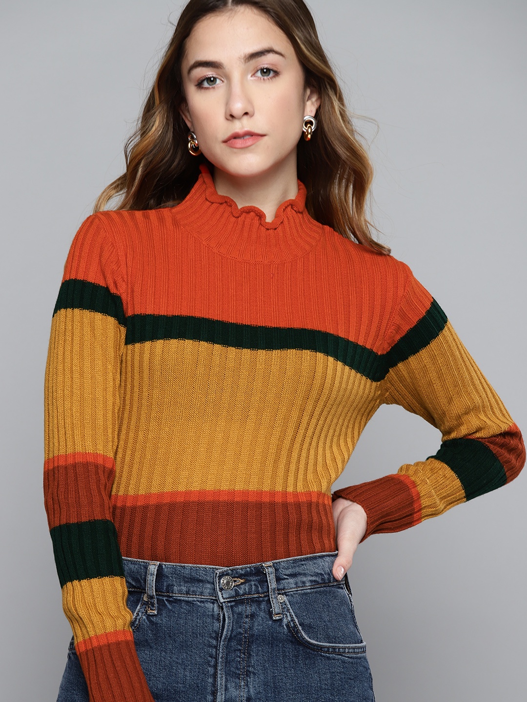 

Chemistry Women Mustard Yellow & Rust Orange Striped Pullover