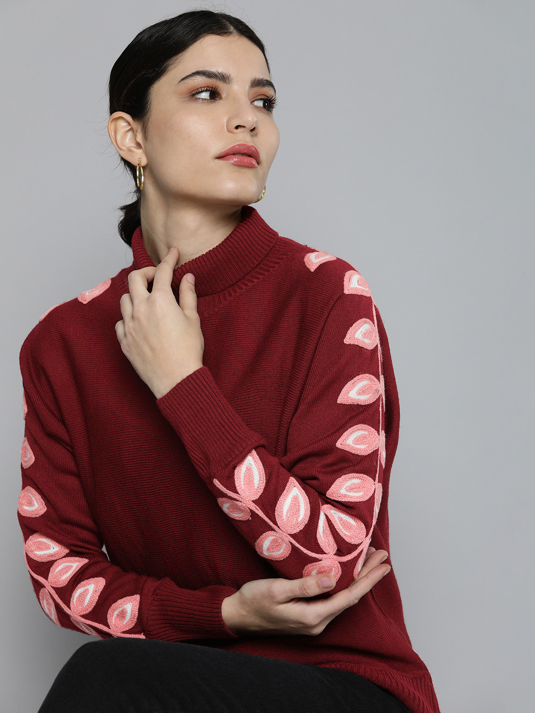 

Chemistry Women Maroon Solid Acrylic Pullover with Embroidered Detail