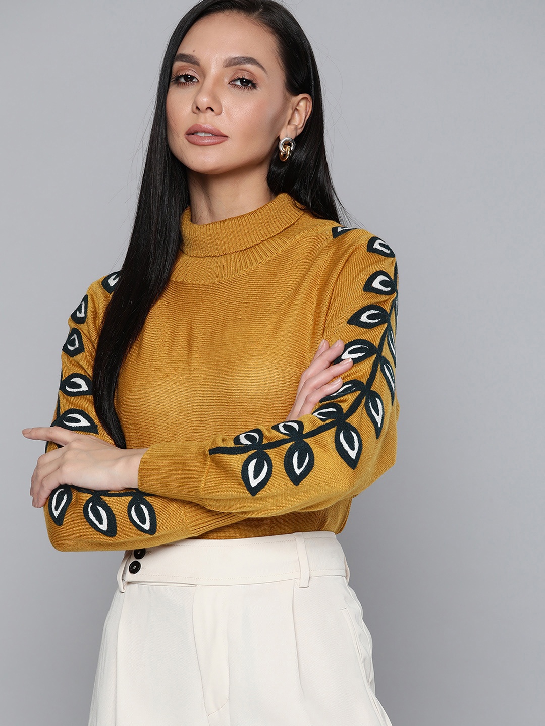 

Chemistry Women Mustard Brown Floral Pullover with Embroidered Detail