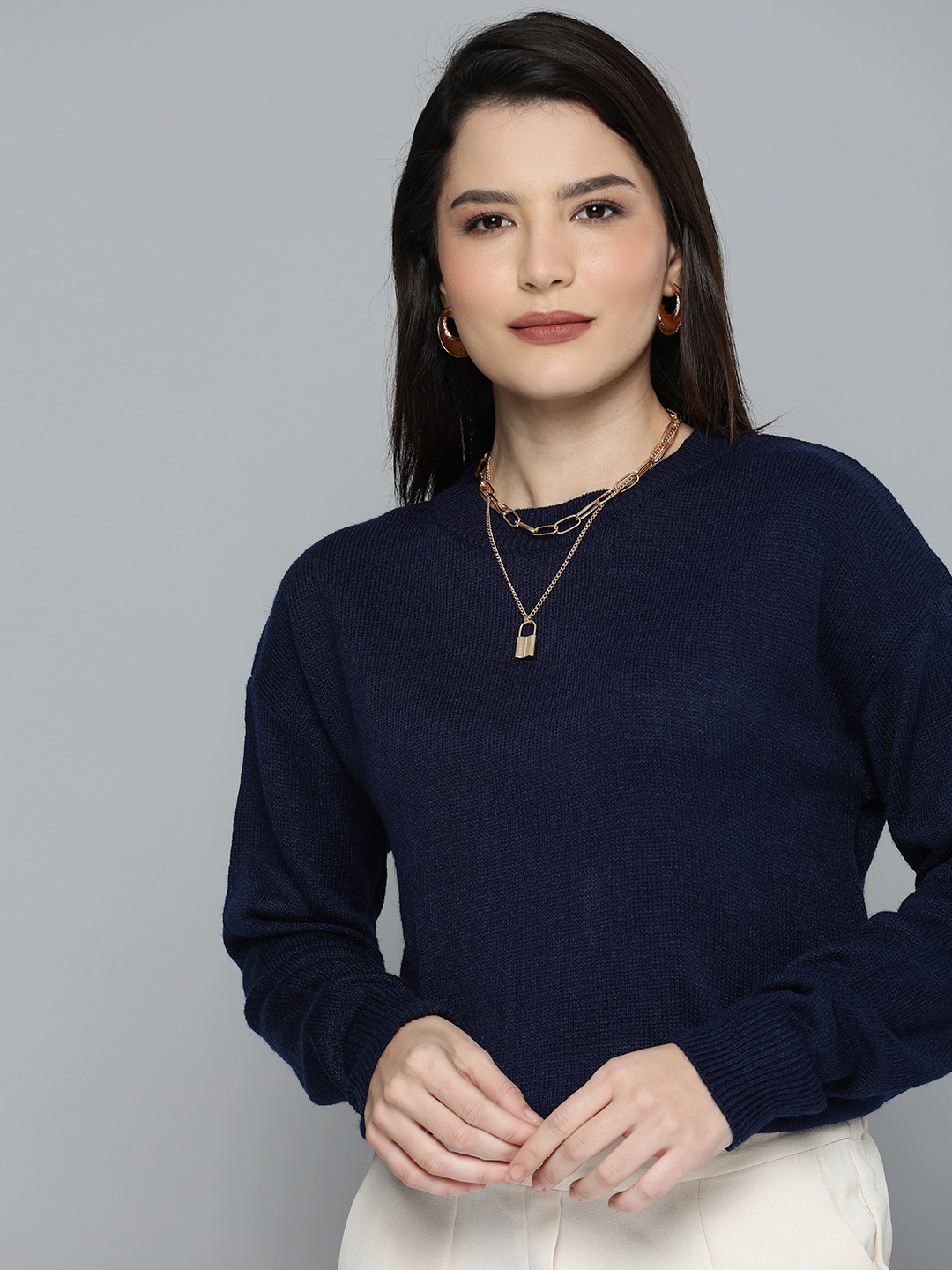 

Chemistry Women Navy Blue Round Neck Full Sleeved Pullover Sweater