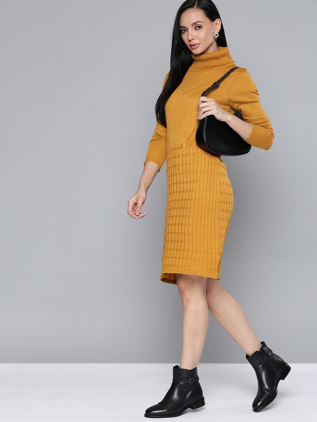 

Chemistry Mustard Yellow Cable Knit High Neck Jumper Dress