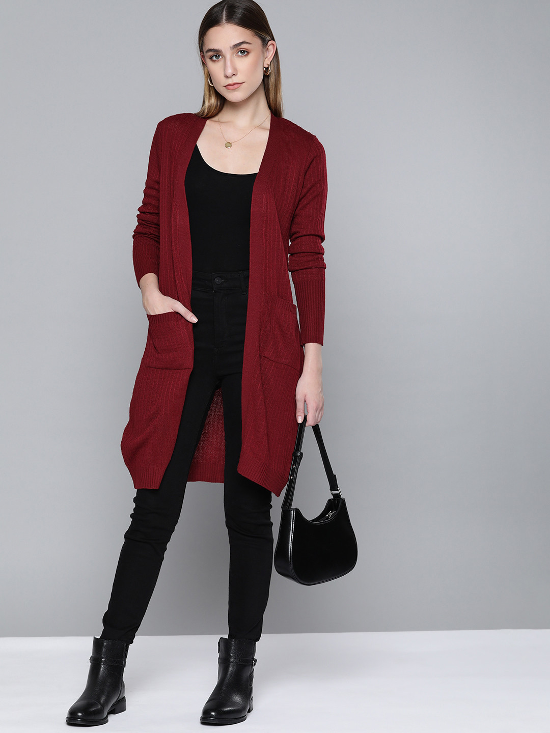 

Chemistry Women Maroon Self-Striped Longline Front-Open Cardigan