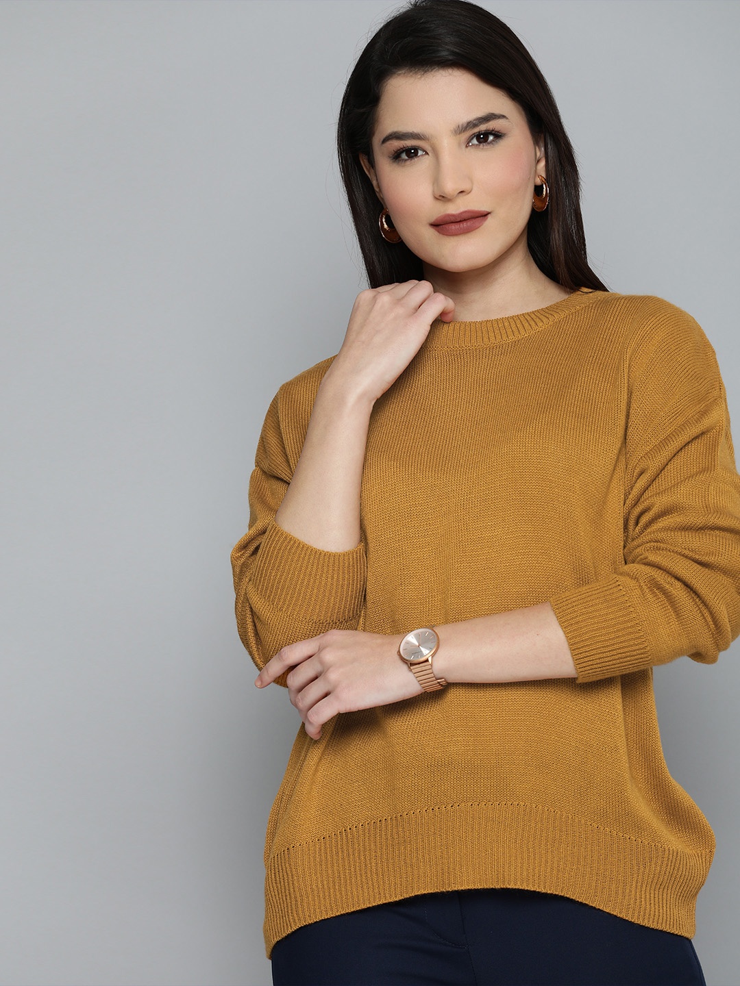 

Chemistry Women Mustard Round Neck Drop Shoulder Pullover Sweater
