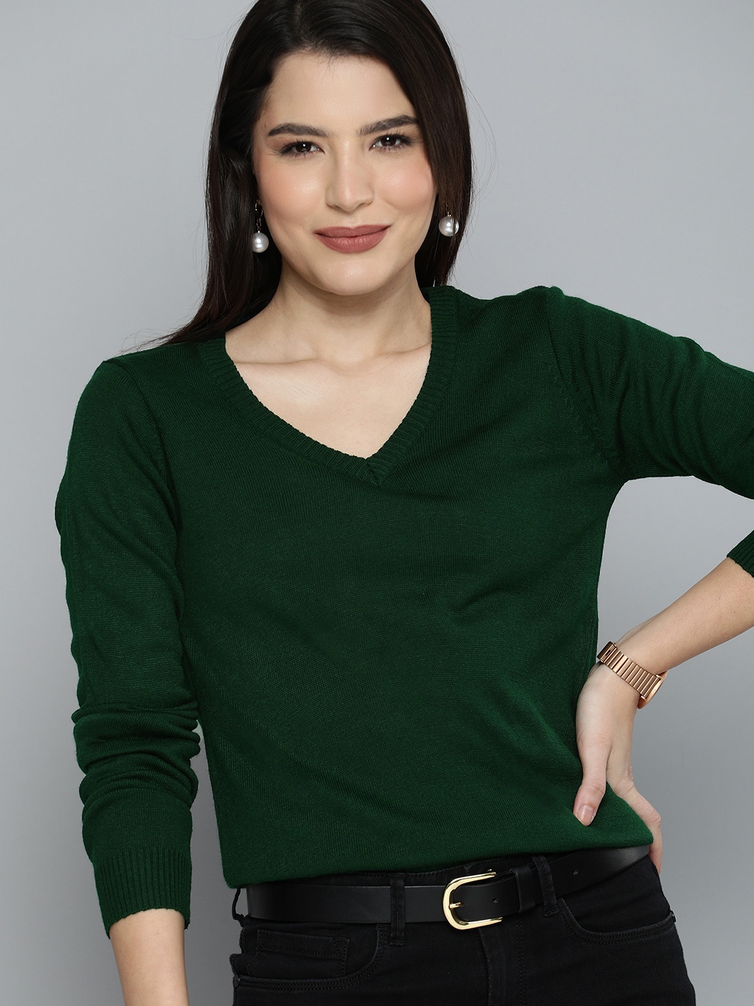

Chemistry Women Deep Green V Neck Full Sleeved Pullover Sweater