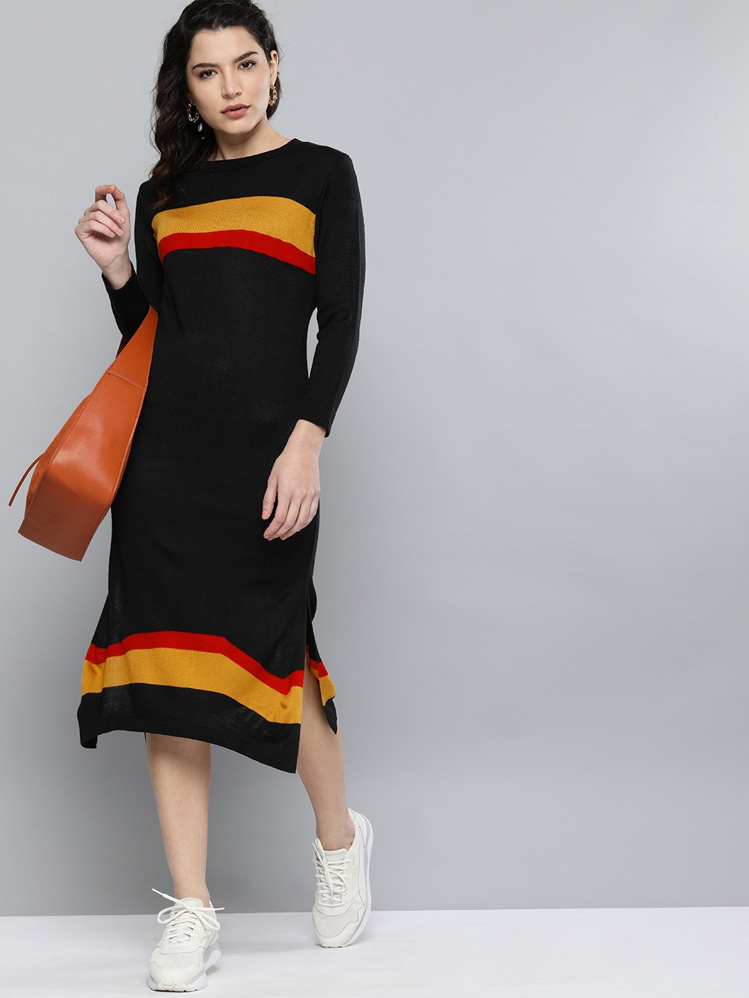 

Chemistry Black & Yellow Striped Round Neck Acrylic Jumper Midi Dress