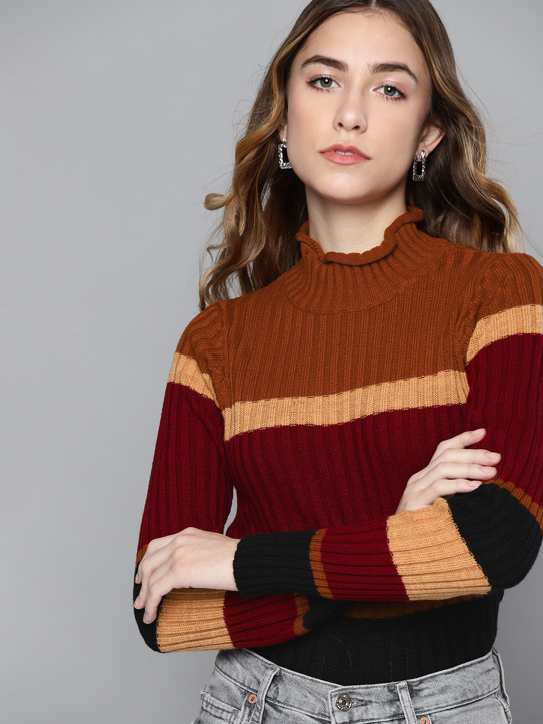 

Chemistry Women Maroon & Black Striped Pullover