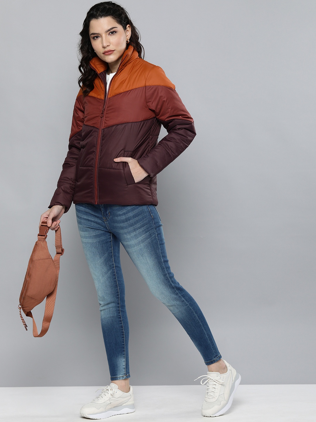 

Chemistry Women Maroon & Burgundy Colourblocked Padded Jacket