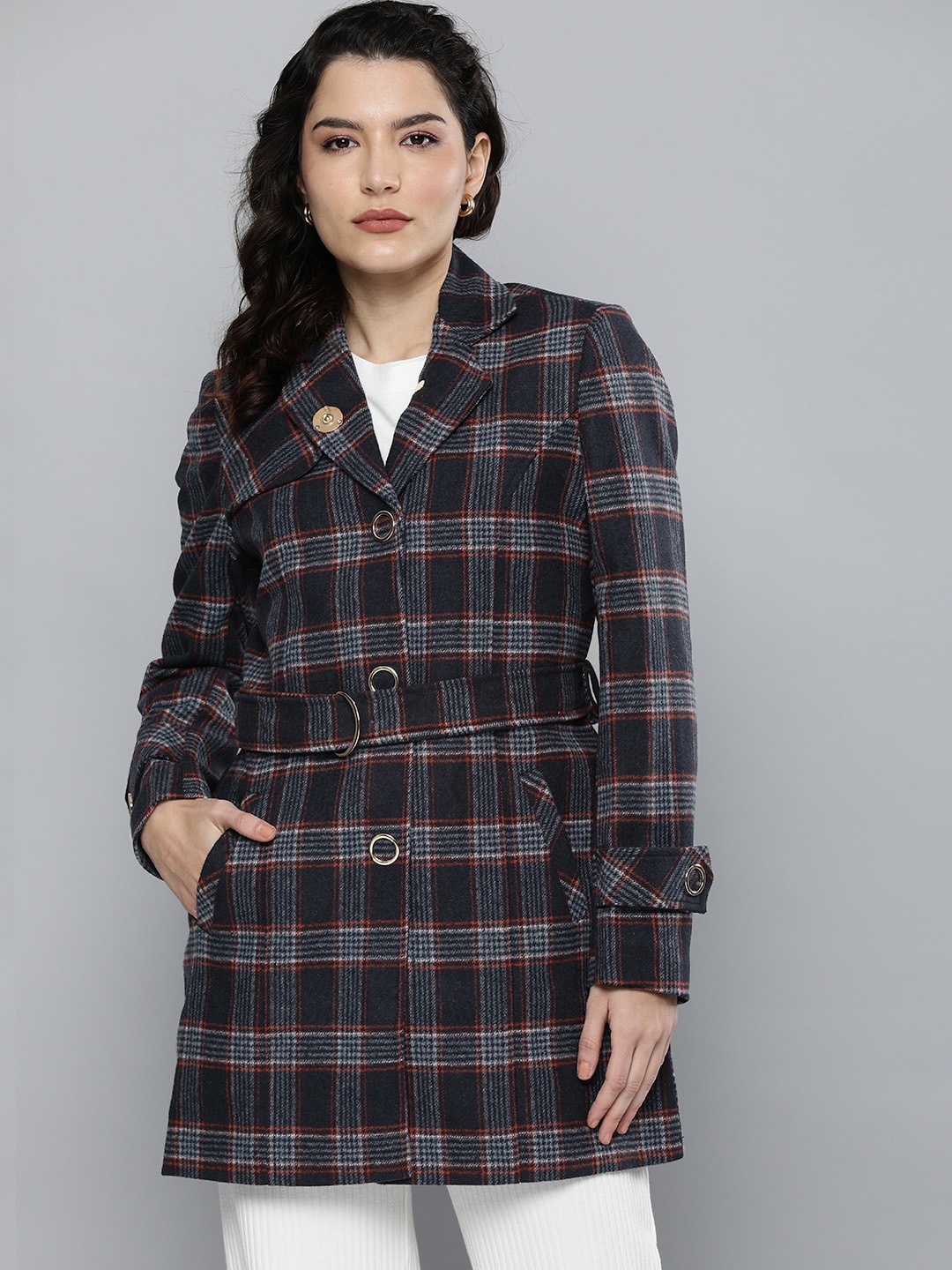 

Chemistry Women Navy Blue & Red Checked Longline Over Coat