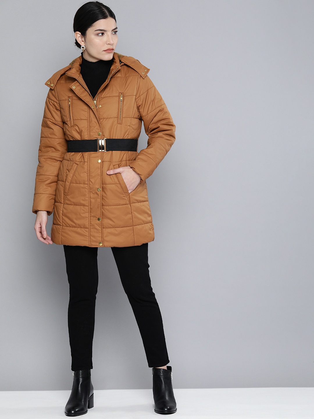 

Chemistry Women Brown Solid Longline Puffer Jacket With Belt