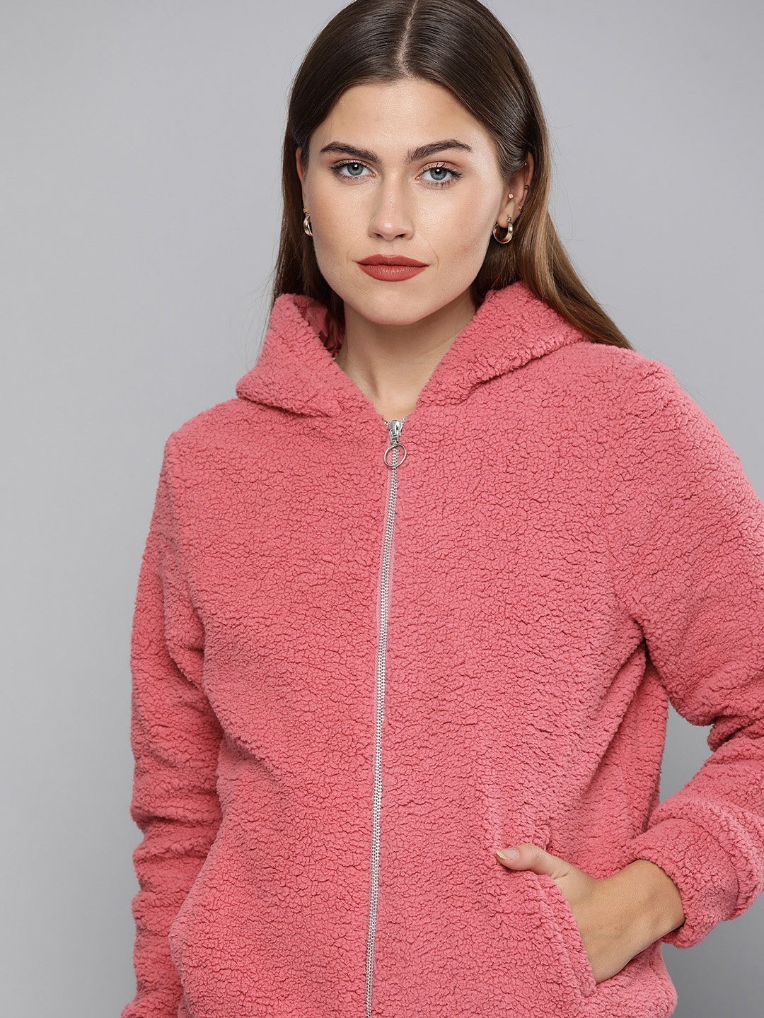 

Chemistry Women Pink Solid Hooded Sherpa Jacket