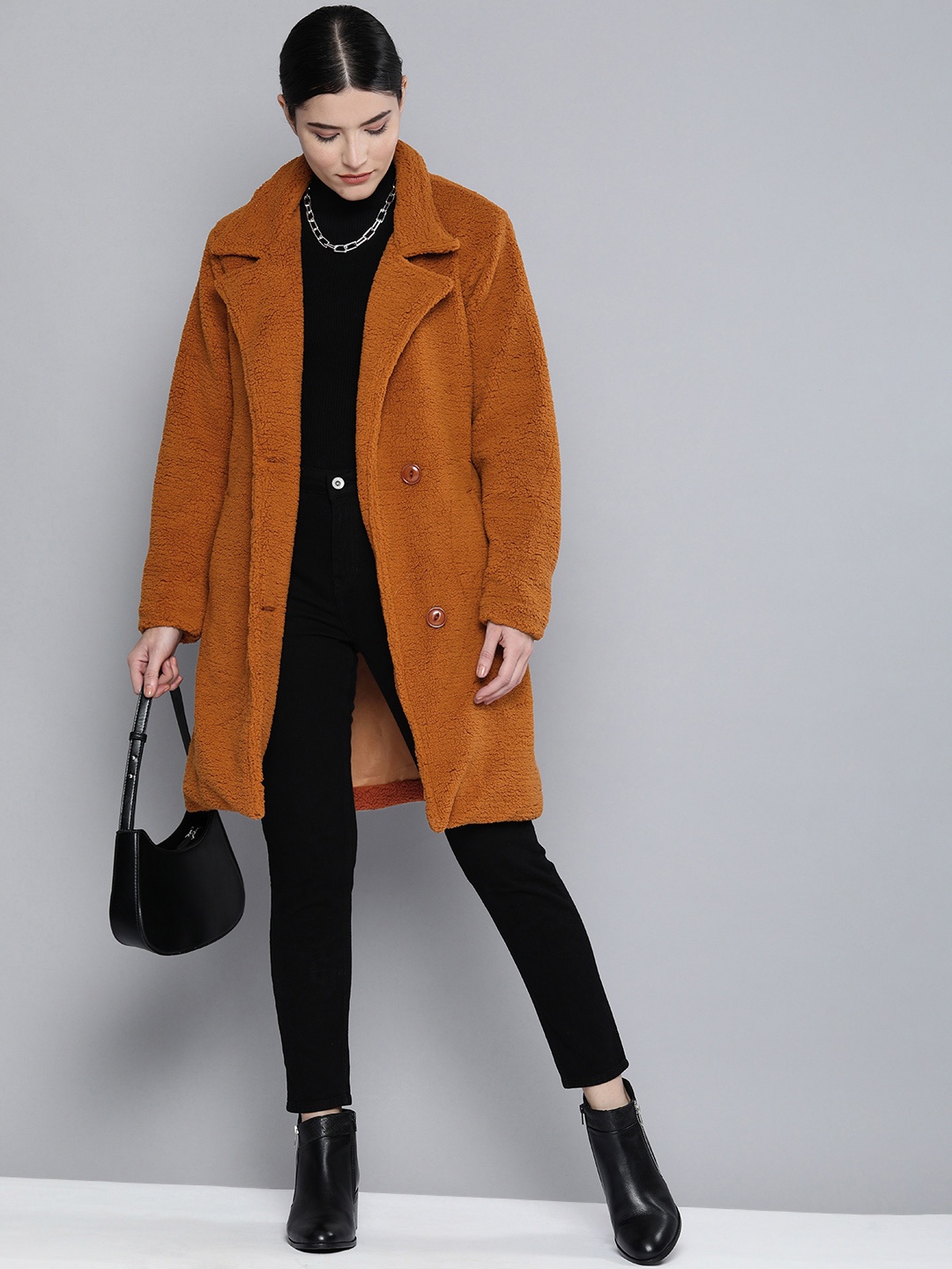 

Chemistry Women Brown Longline Sherpa Tailored Jacket