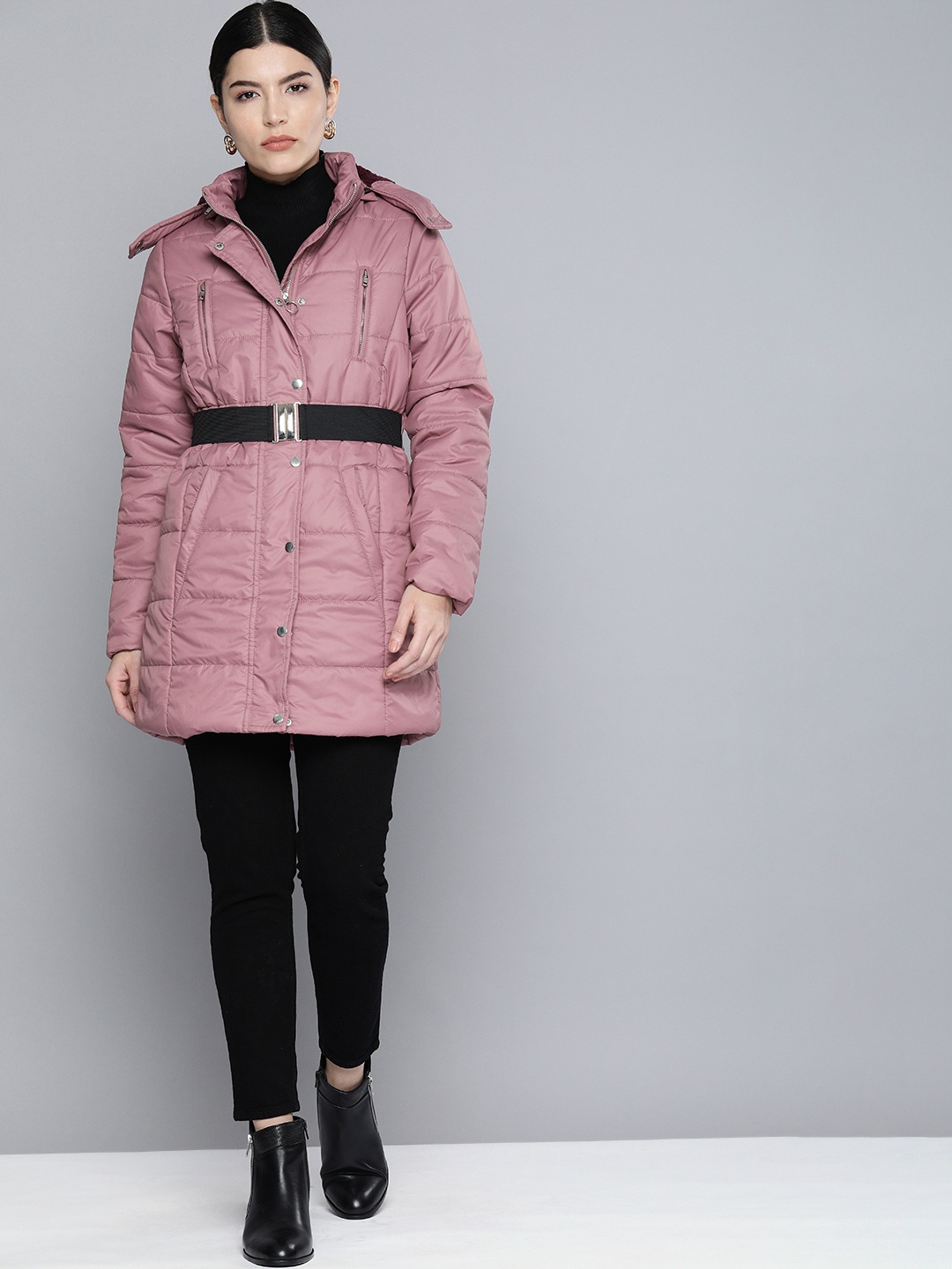 

Chemistry Women Pink Solid Longline Puffer Jacket With Belt