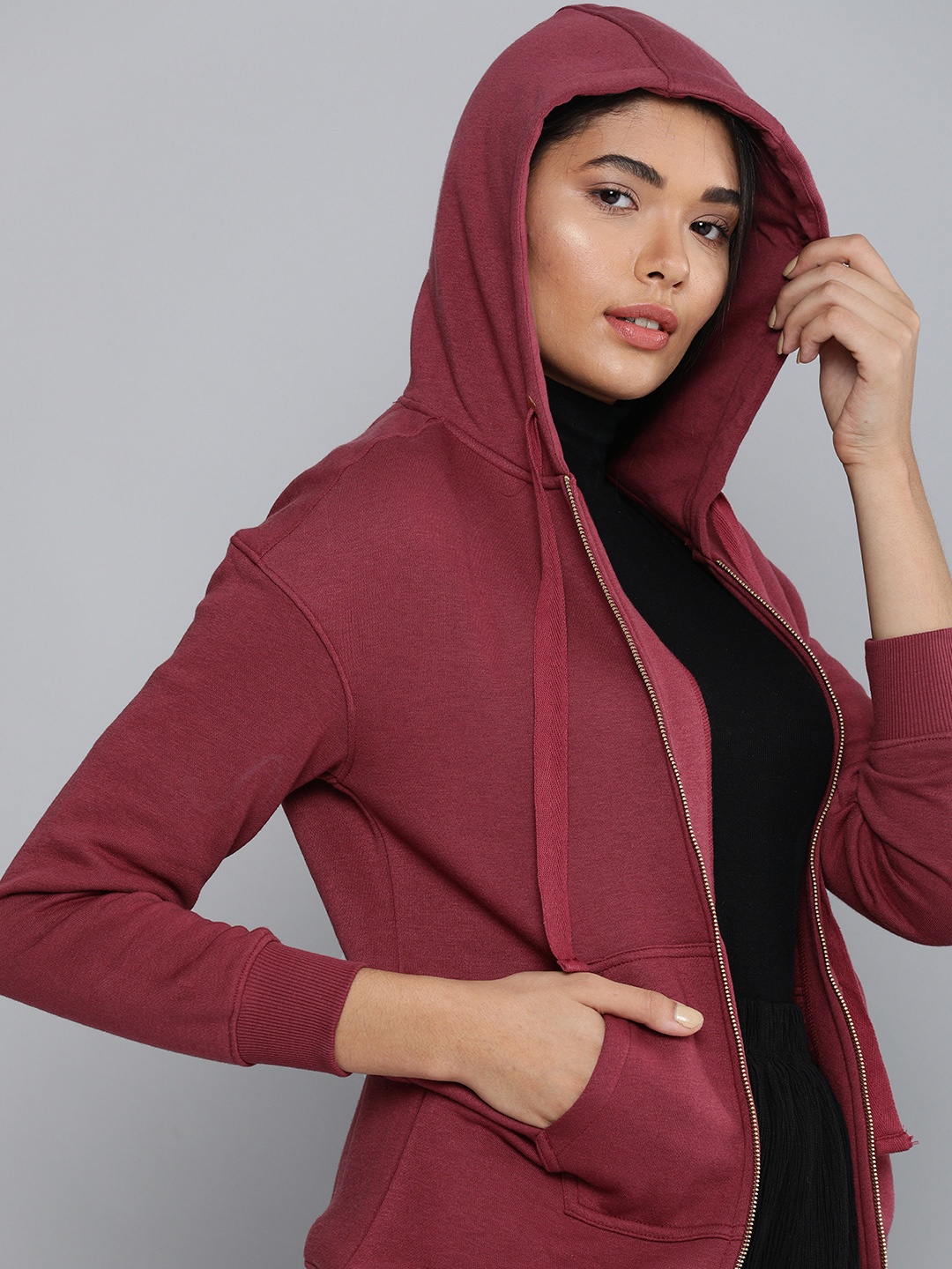 

Chemistry Women Burgundy Solid Hooded Sweatshirt