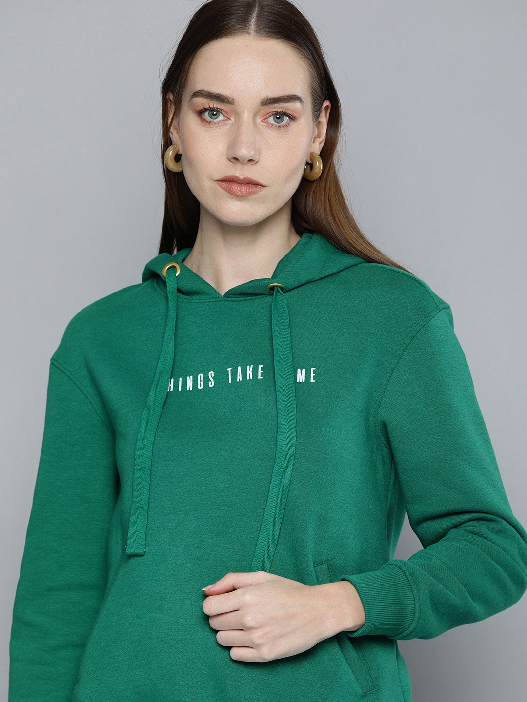 

Chemistry Women Green Printed Hooded Sweatshirt