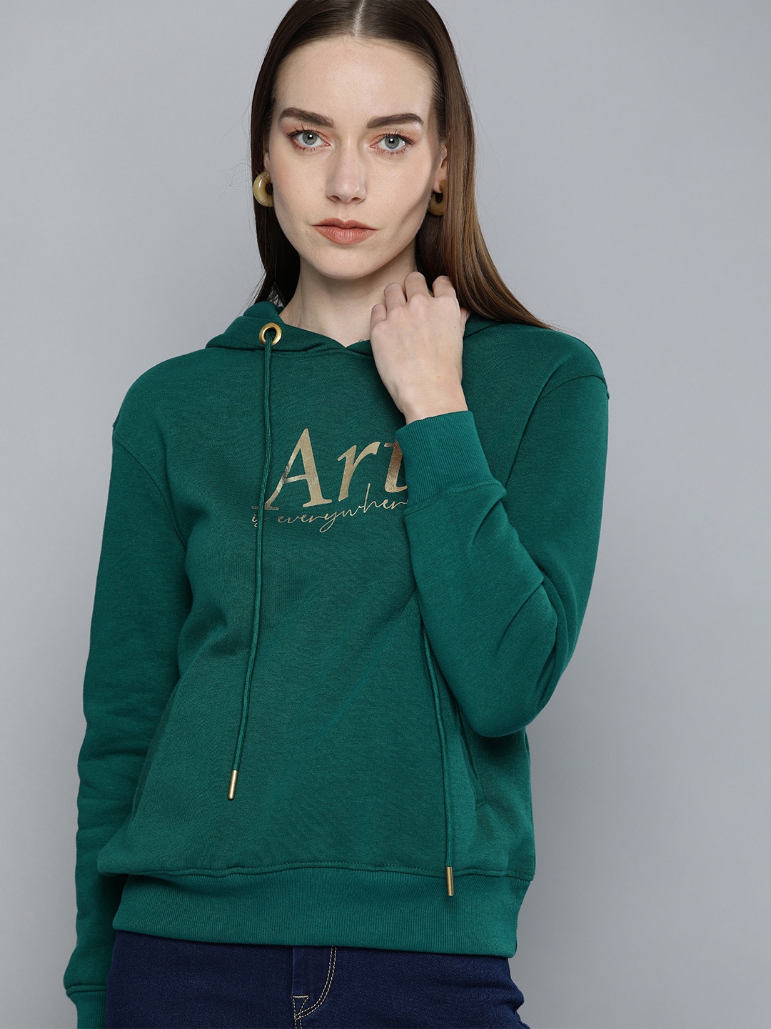 

Chemistry Women Green Printed Hooded Sweatshirt