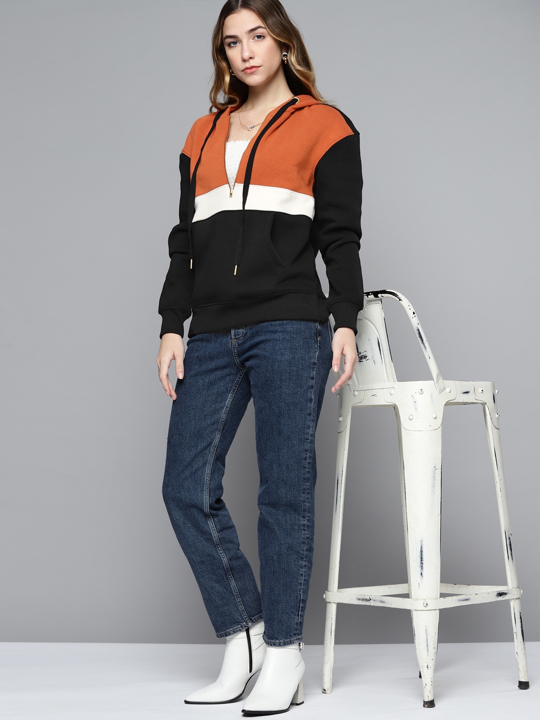 

Chemistry Women Rust & Black Colourblocked Hooded Sweatshirt