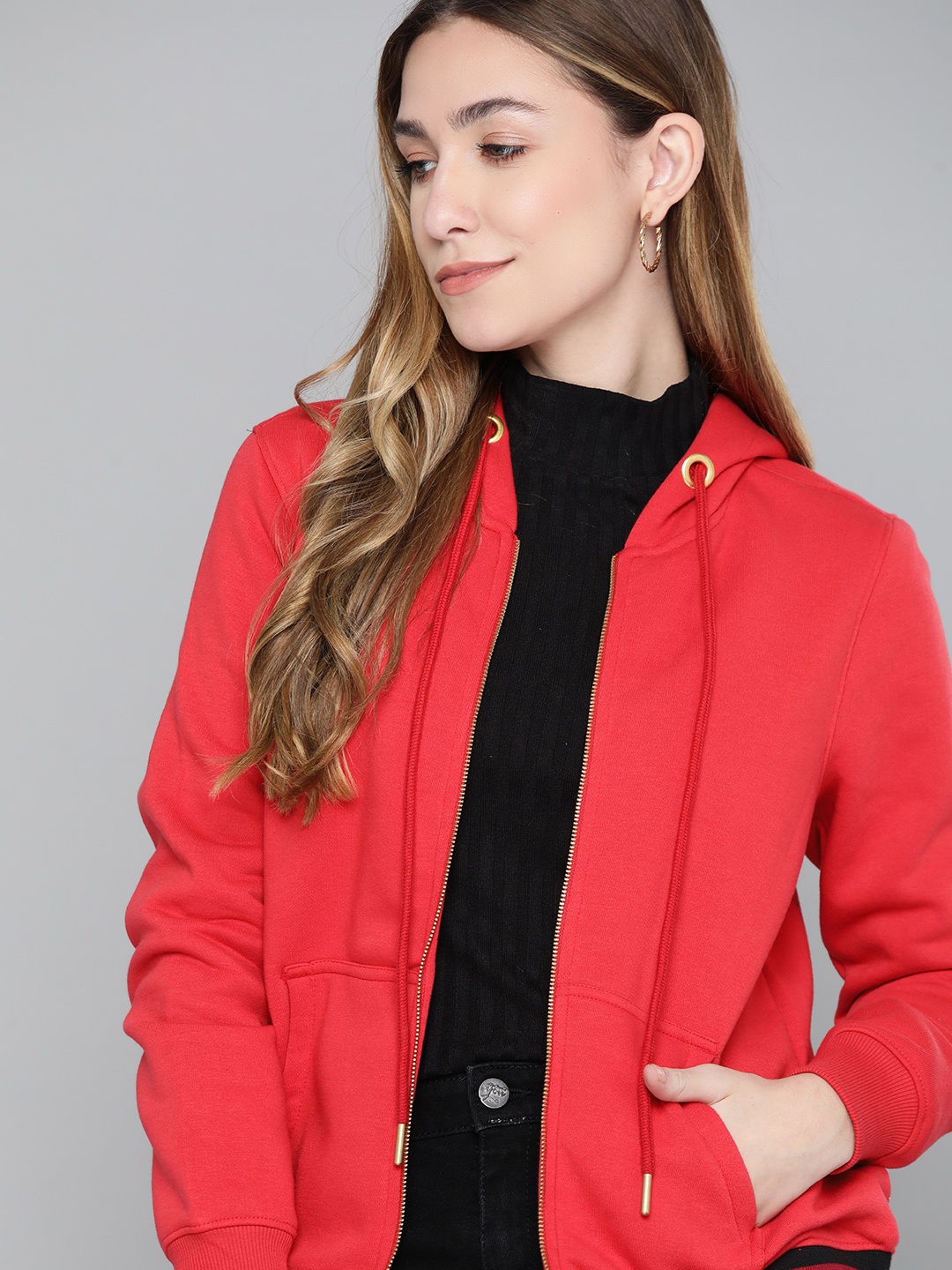 

Chemistry Women Red Solid Hooded Sweatshirt