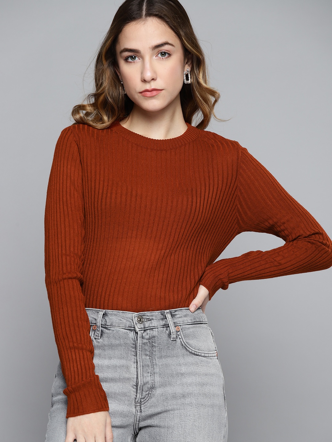 

Chemistry Women Rust Orange Self-Striped Pullover