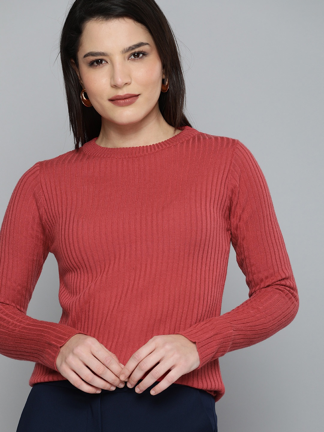 

Chemistry Women Deep Blush Round Neck Full Sleeves Self Designed Pullover Sweater, Pink