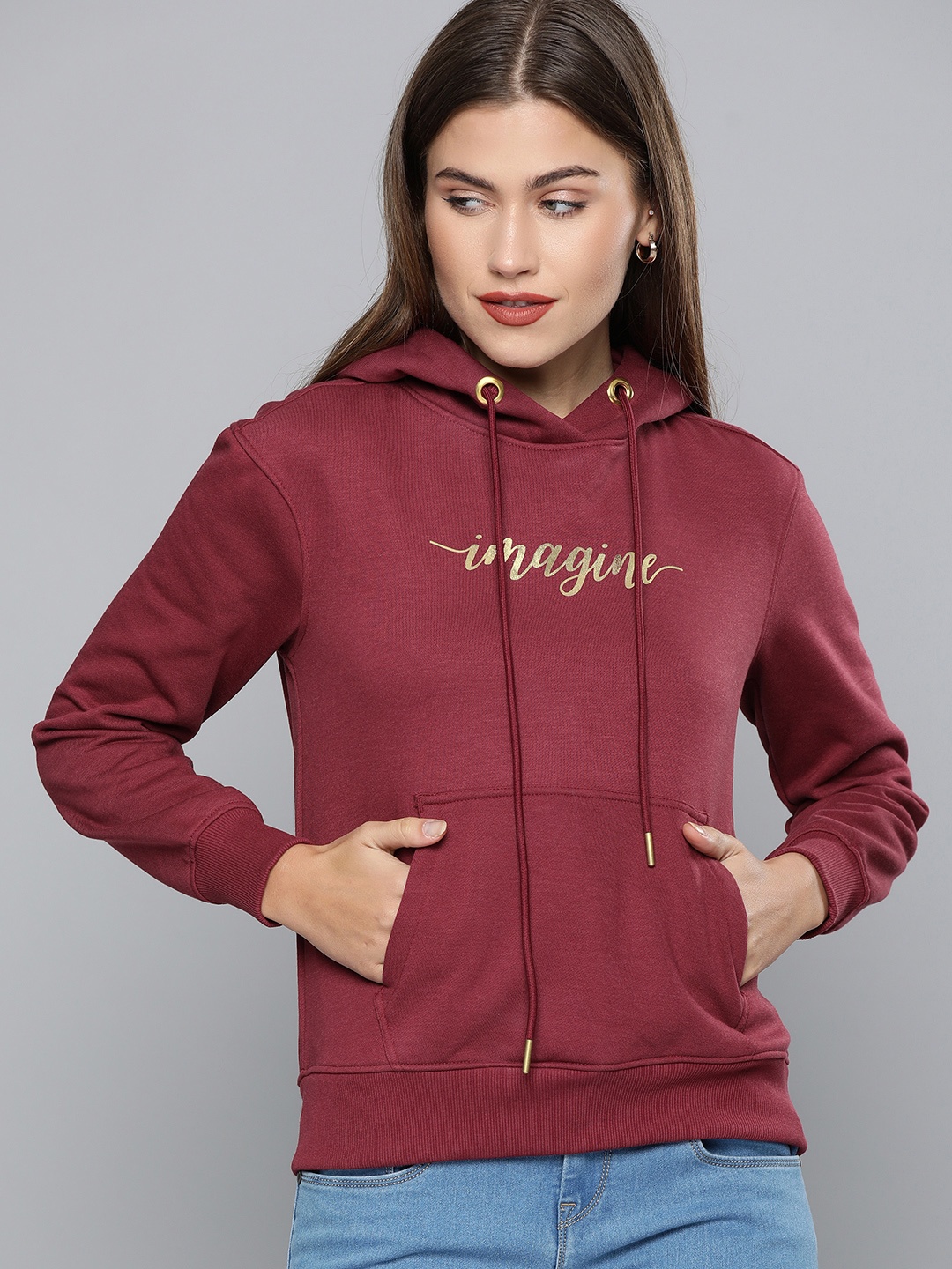 

Chemistry Women Maroon Typography Printed Hooded Pullover