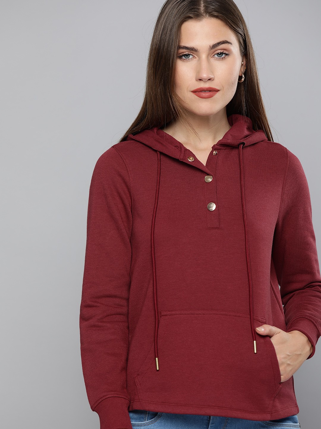 

Chemistry Women Maroon Solid Hooded Sweatshirt
