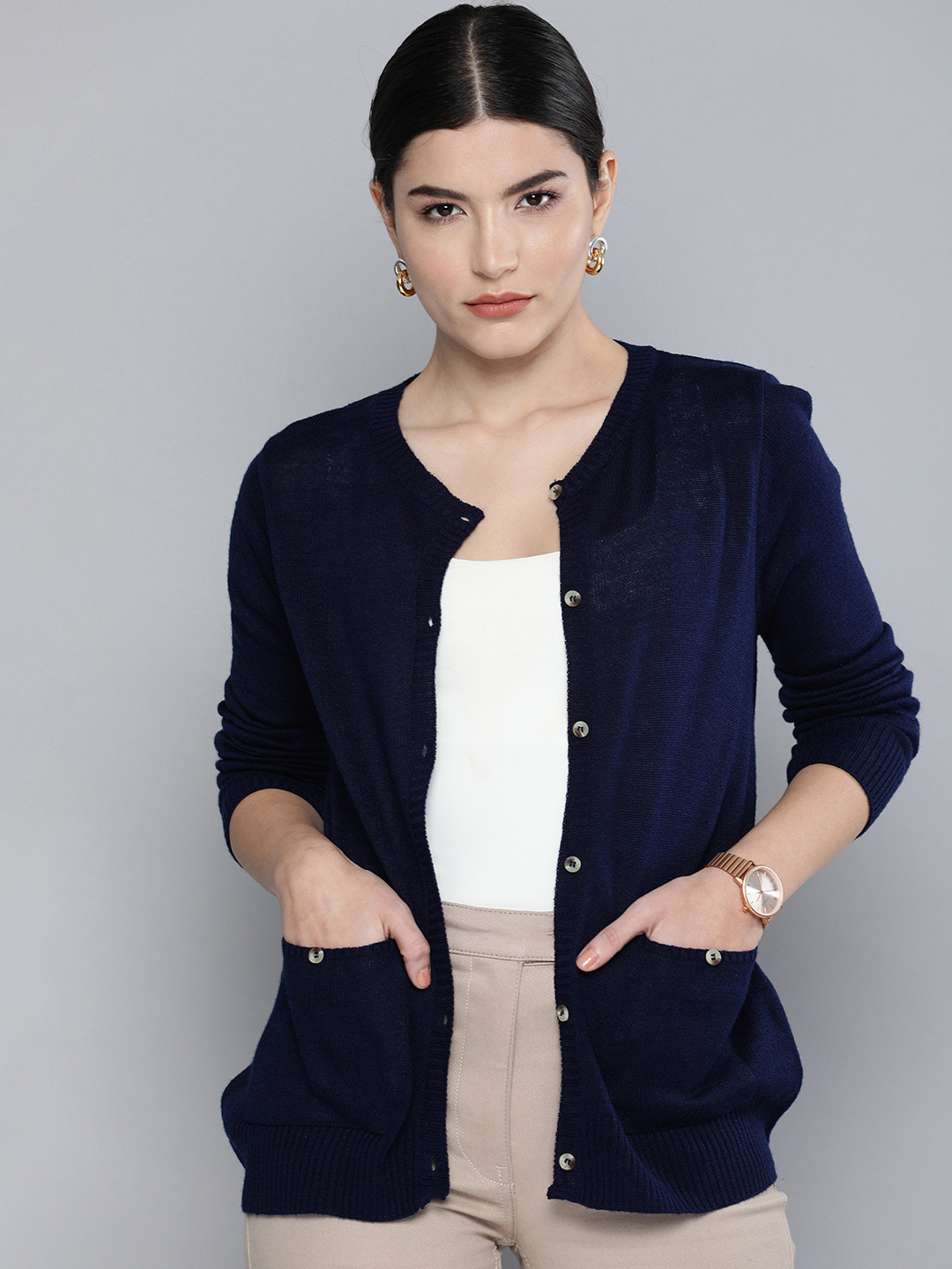 

Chemistry Women Navy Blue Self Designed Cardigan Sweater