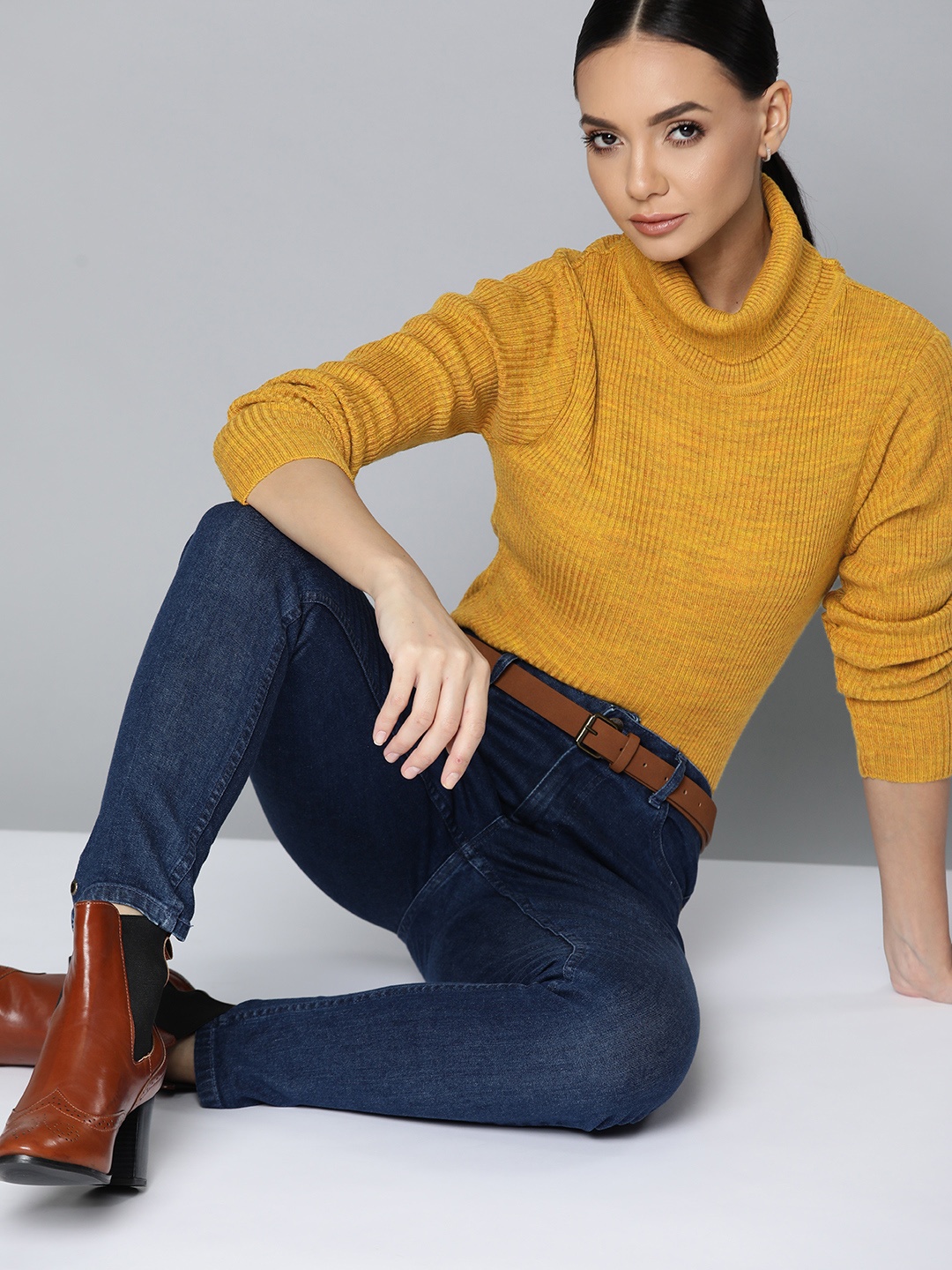 

Chemistry Women Mustard Yellow Turtle Neck Ribbed Pullover