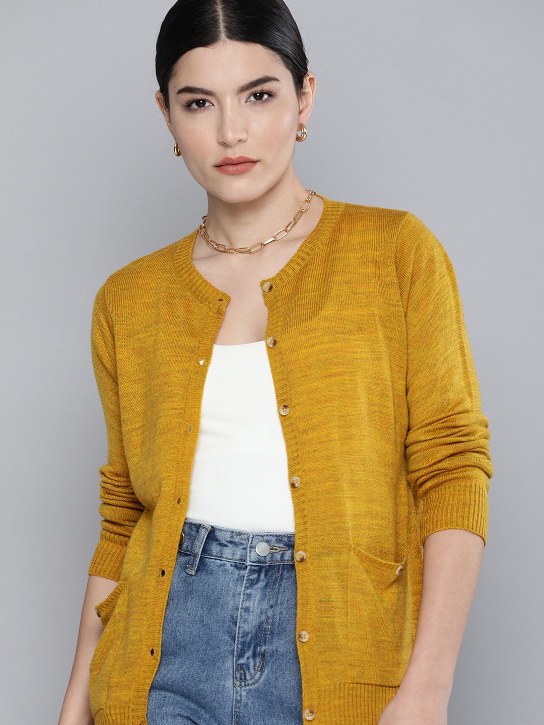 

Chemistry Women Mustard Yellow Solid Cardigan