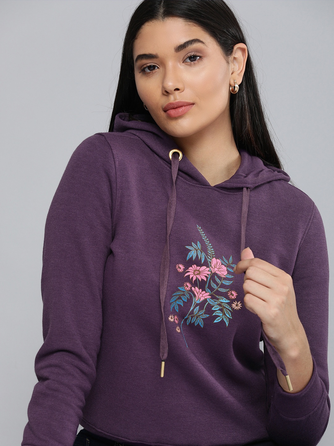 

Chemistry Women Purple Floral Printed Hooded Sweatshirt