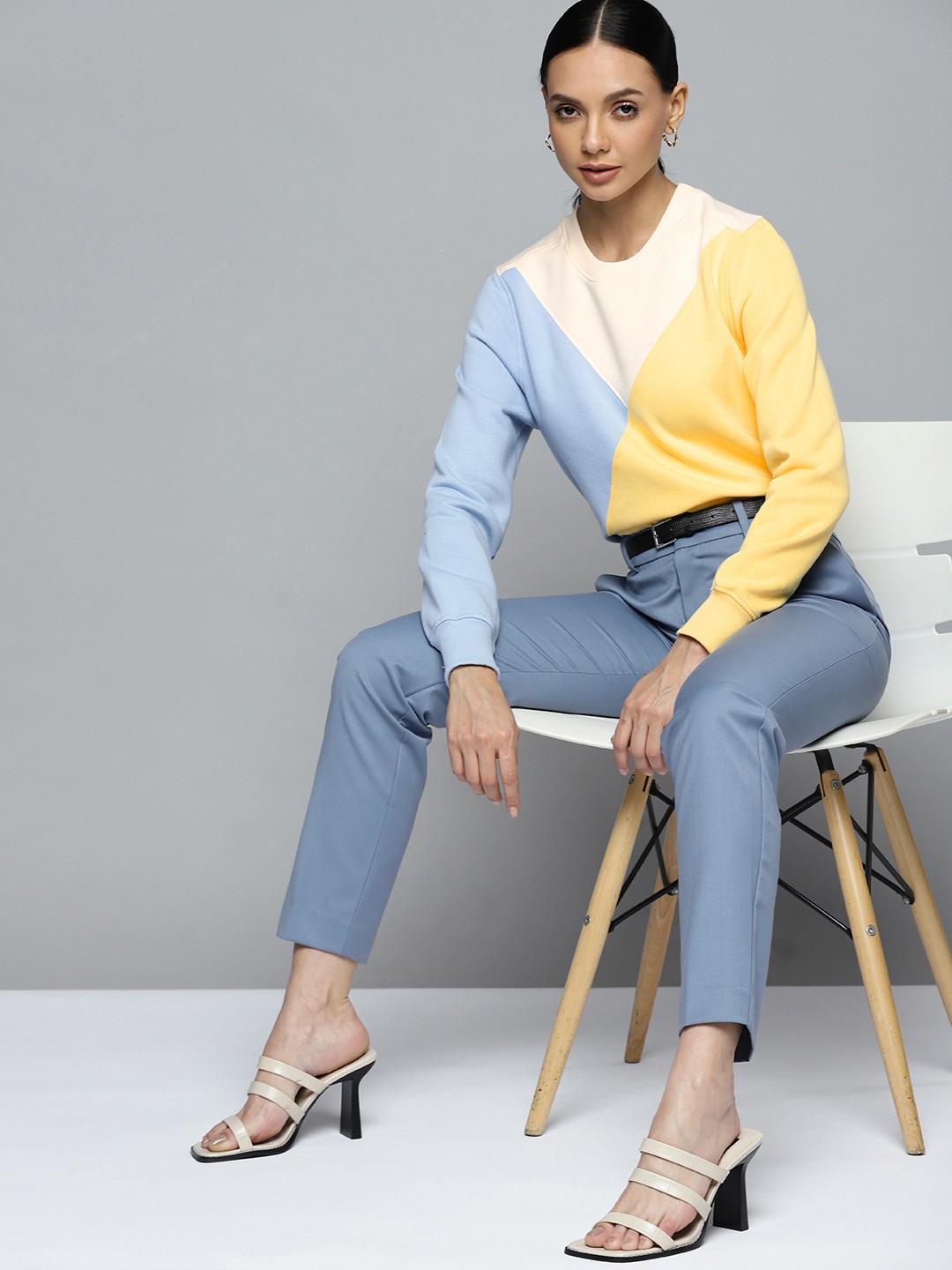 

Chemistry Women Yellow & Blue Colourblocked Sweater