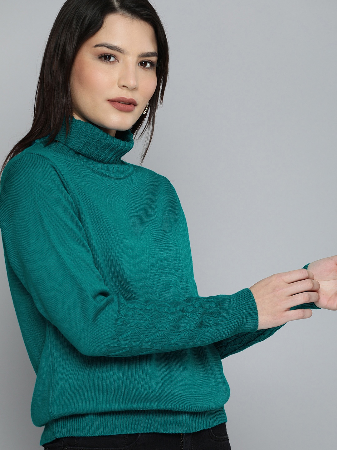 

Chemistry Women Green Turtle Neck Full Sleeve Self Designed Pullover Sweater