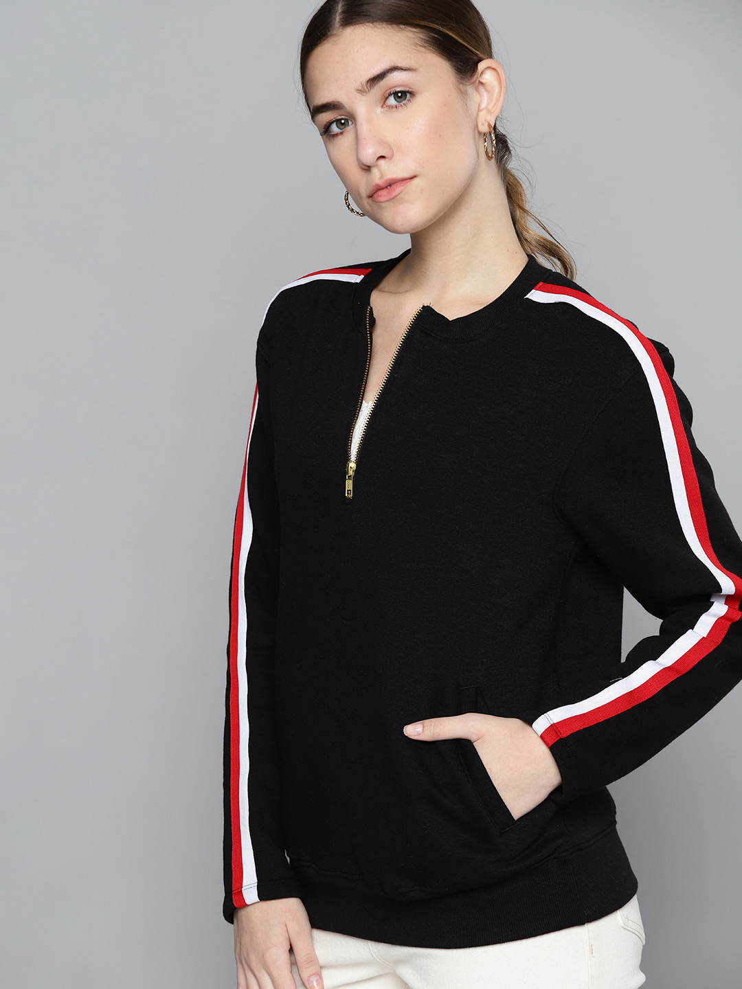 

Chemistry Women Black Solid Half-Zipper Sweatshirt with Side Stripe Detail