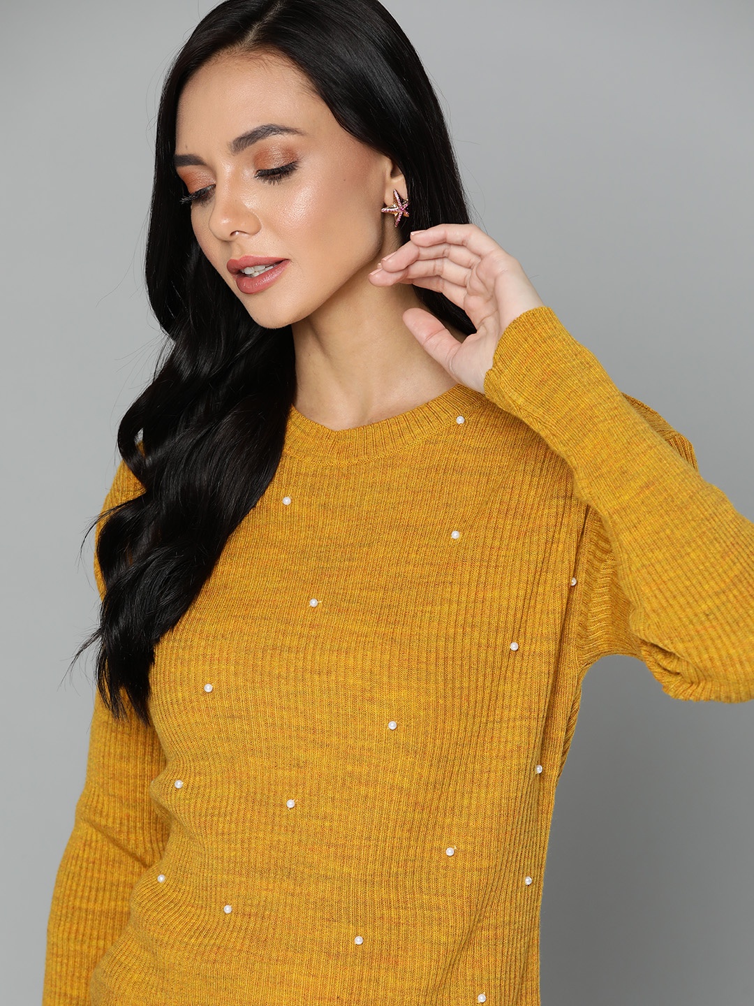 

Chemistry Women Mustard Ribbed Pullover with Pearl Embellishment