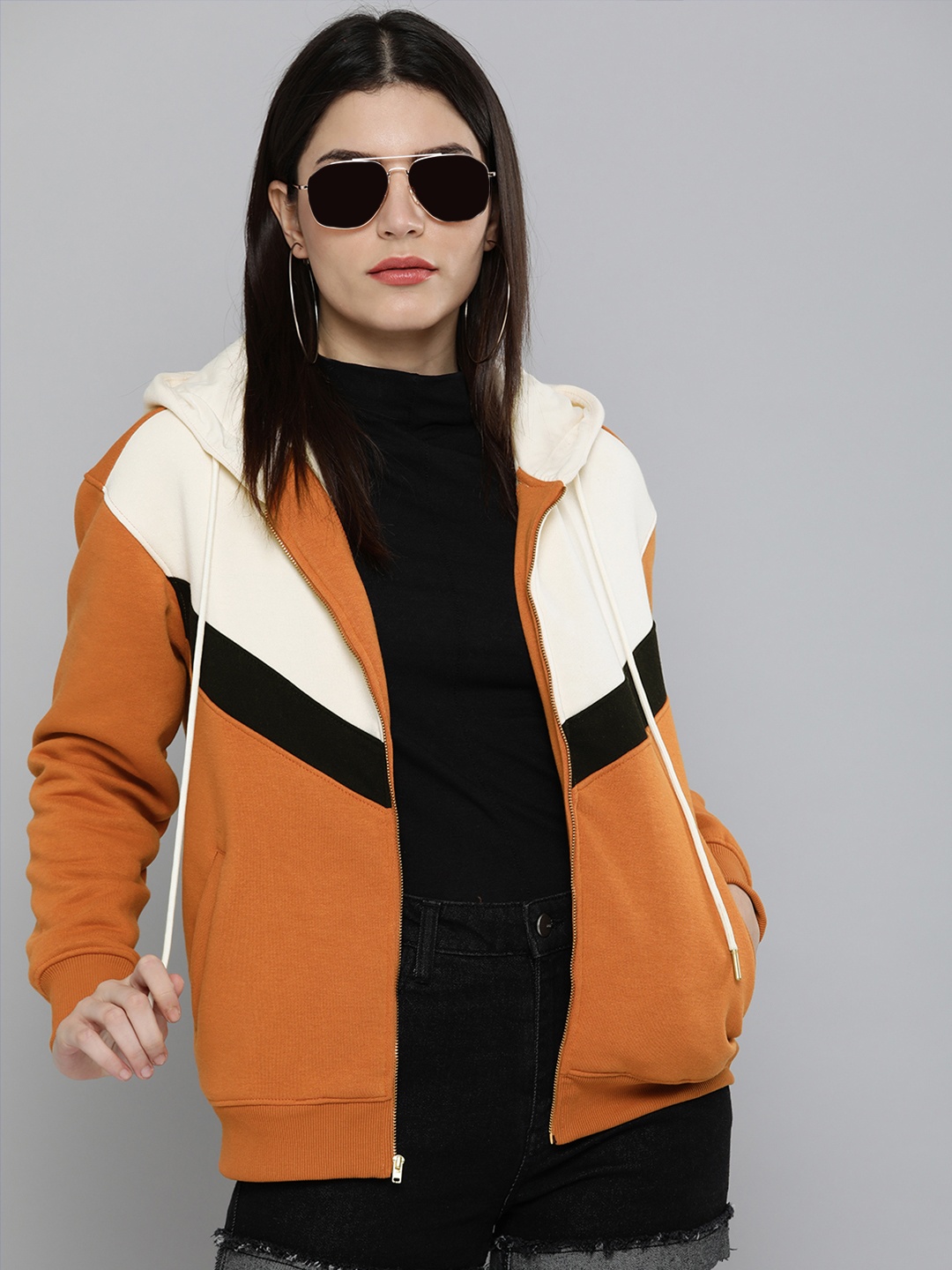 

Chemistry Women Mustard Yellow & White Colourblocked Hooded Sweatshirt