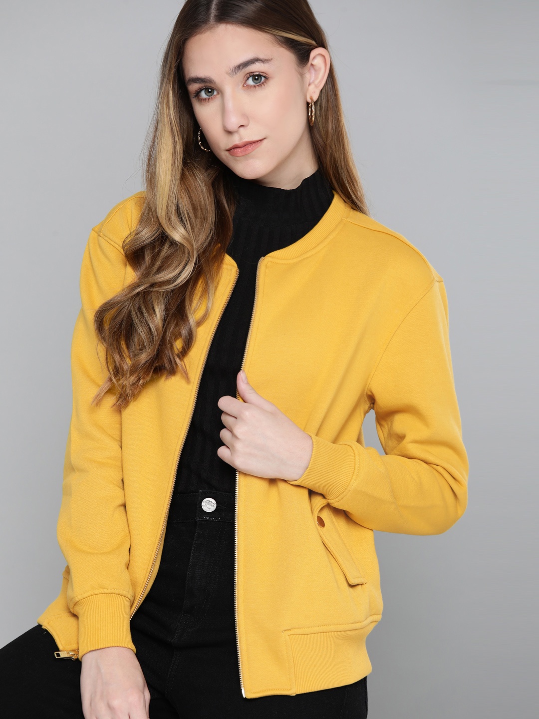 

Chemistry Women Yellow Solid Bomber Jacket, Gold