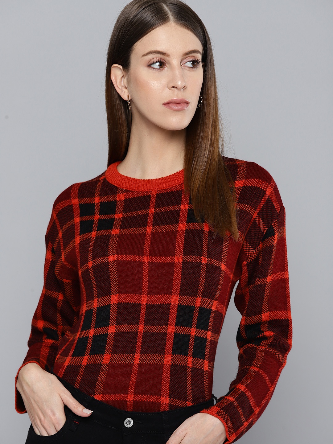 

Chemistry Women Maroon & Black Checked Pullover