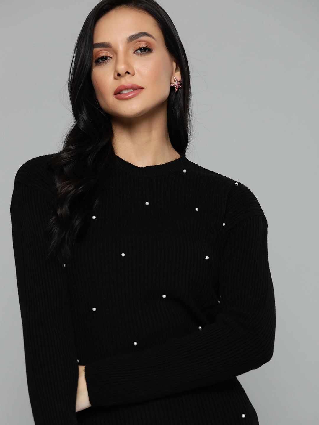 

Chemistry Women Black Ribbed Pullover with Pearl Embellishment
