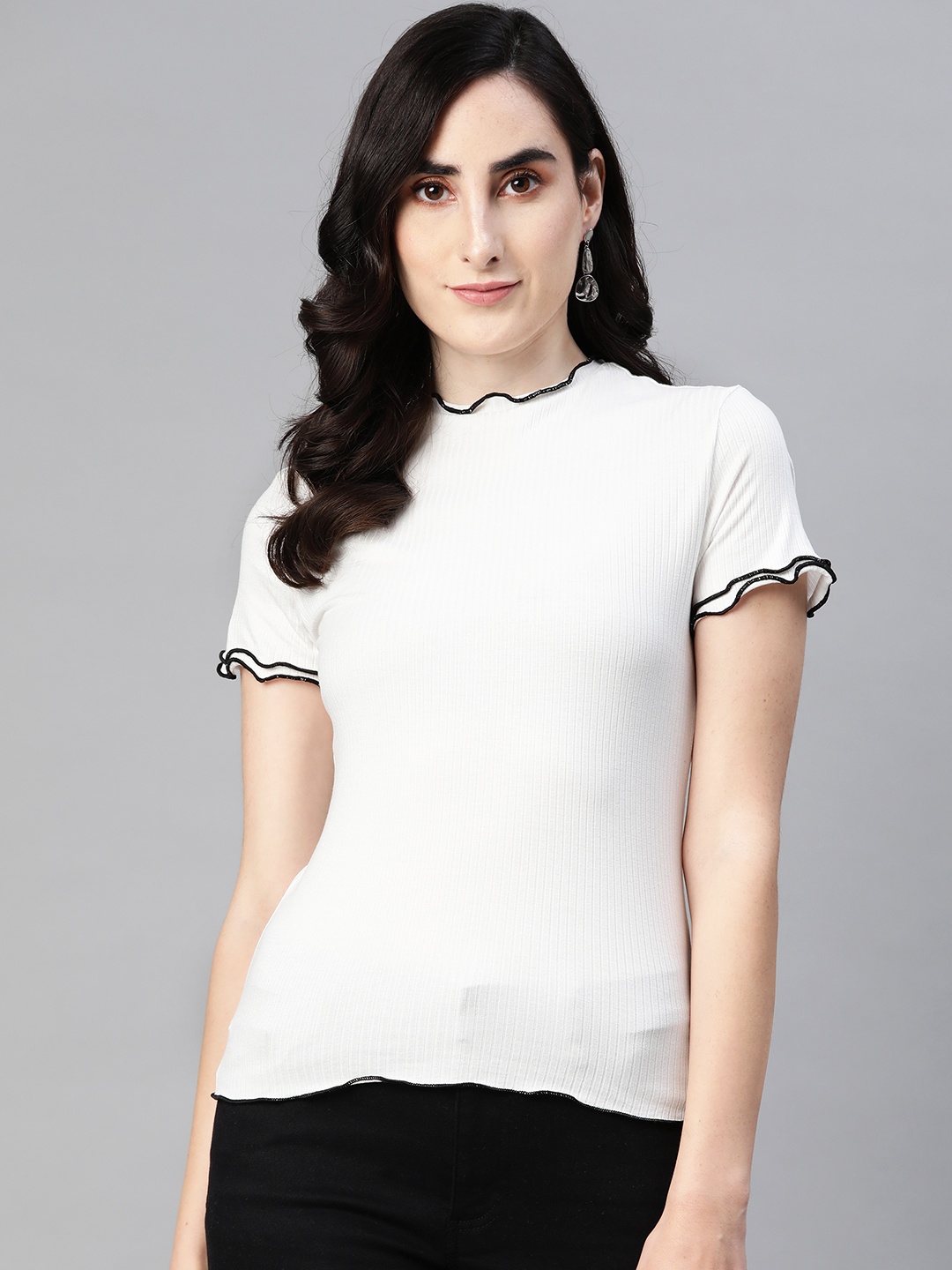 

VividArtsy White Self Striped Fitted Top