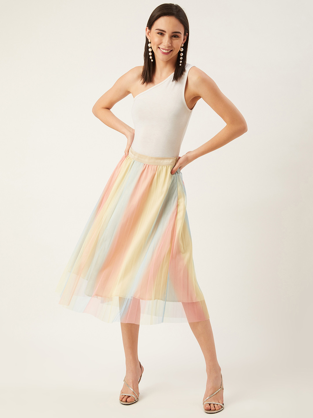 

ANVI Be Yourself Women Pink & Yellow Rainbow Print Pleated Flared Midi Skirt