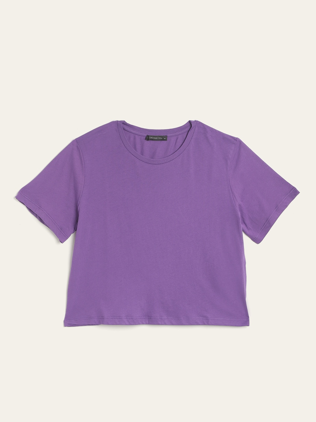 

Trendyol Women Purple Mustard Yellow Typography Print Pure Cotton Crop Tshirt