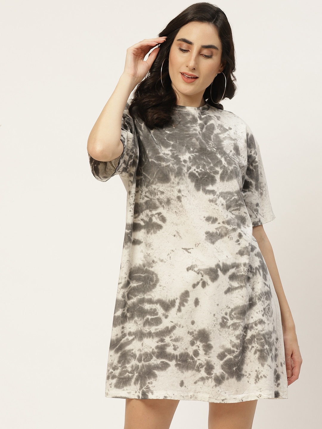 

Trendyol Women Off White Grey Pure Cotton Dye T-shirt Dress