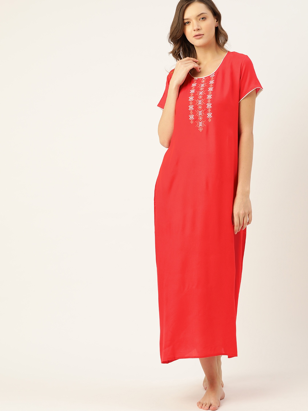 

ETC Red Embroidered Yoke Maxi Nightdress