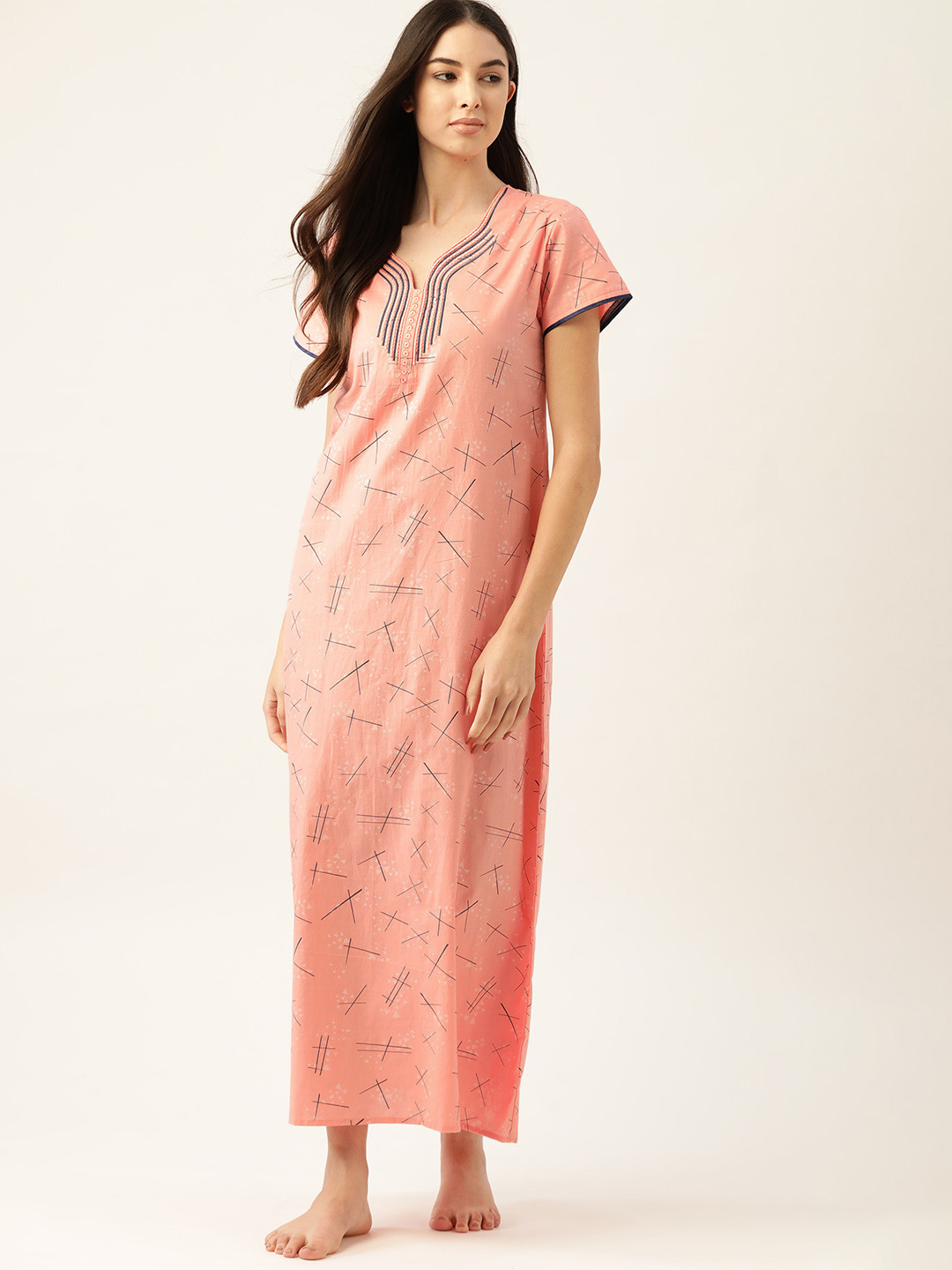 

ETC Peach-Coloured & Black Geometric Print Pure Cotton Maxi Nightdress
