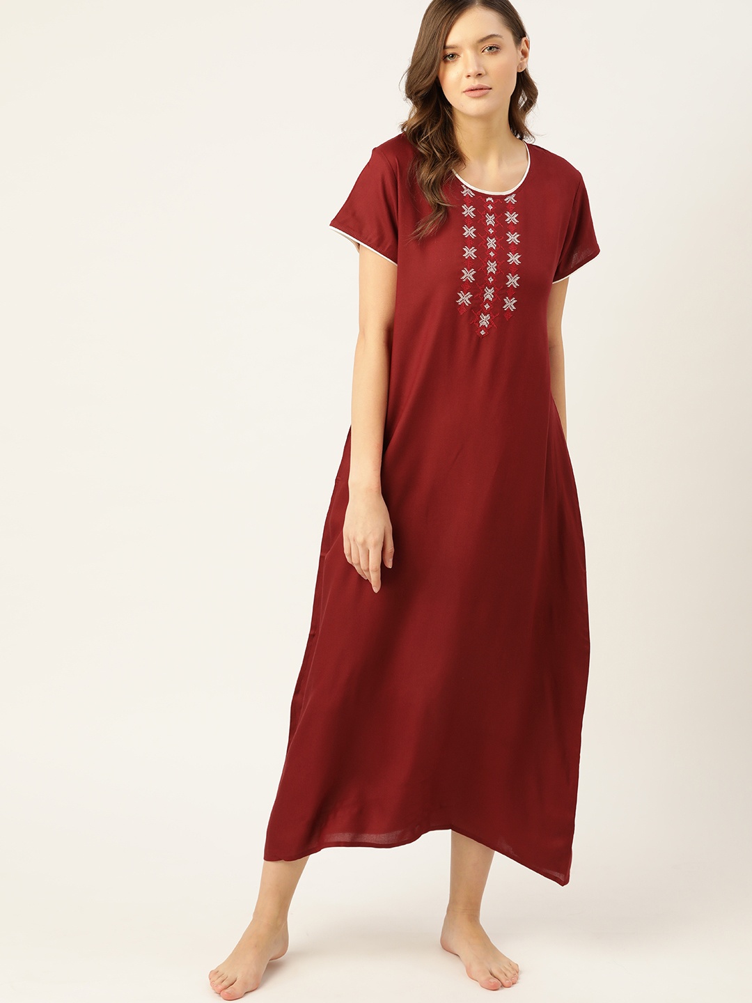 

ETC Maroon Embroidered Yoke Maxi Nightdress