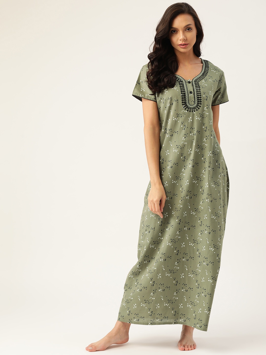 

ETC Olive Green Printed Cotton Maxi Nightdress