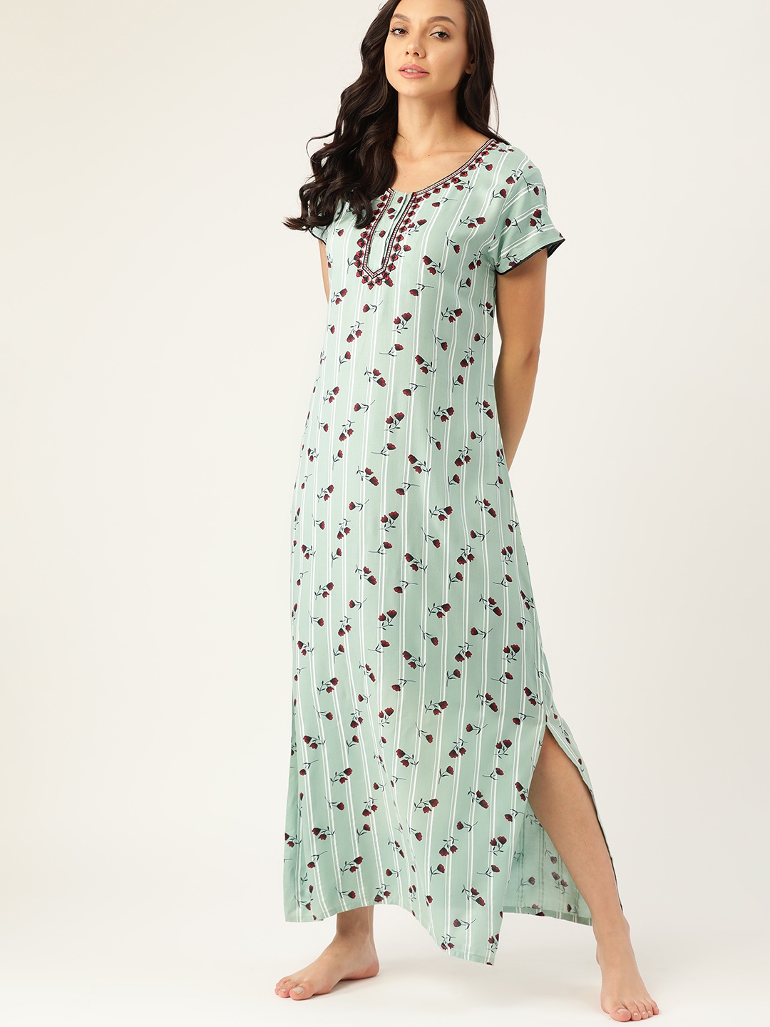 

ETC Green & Maroon Printed Maxi Nightdress