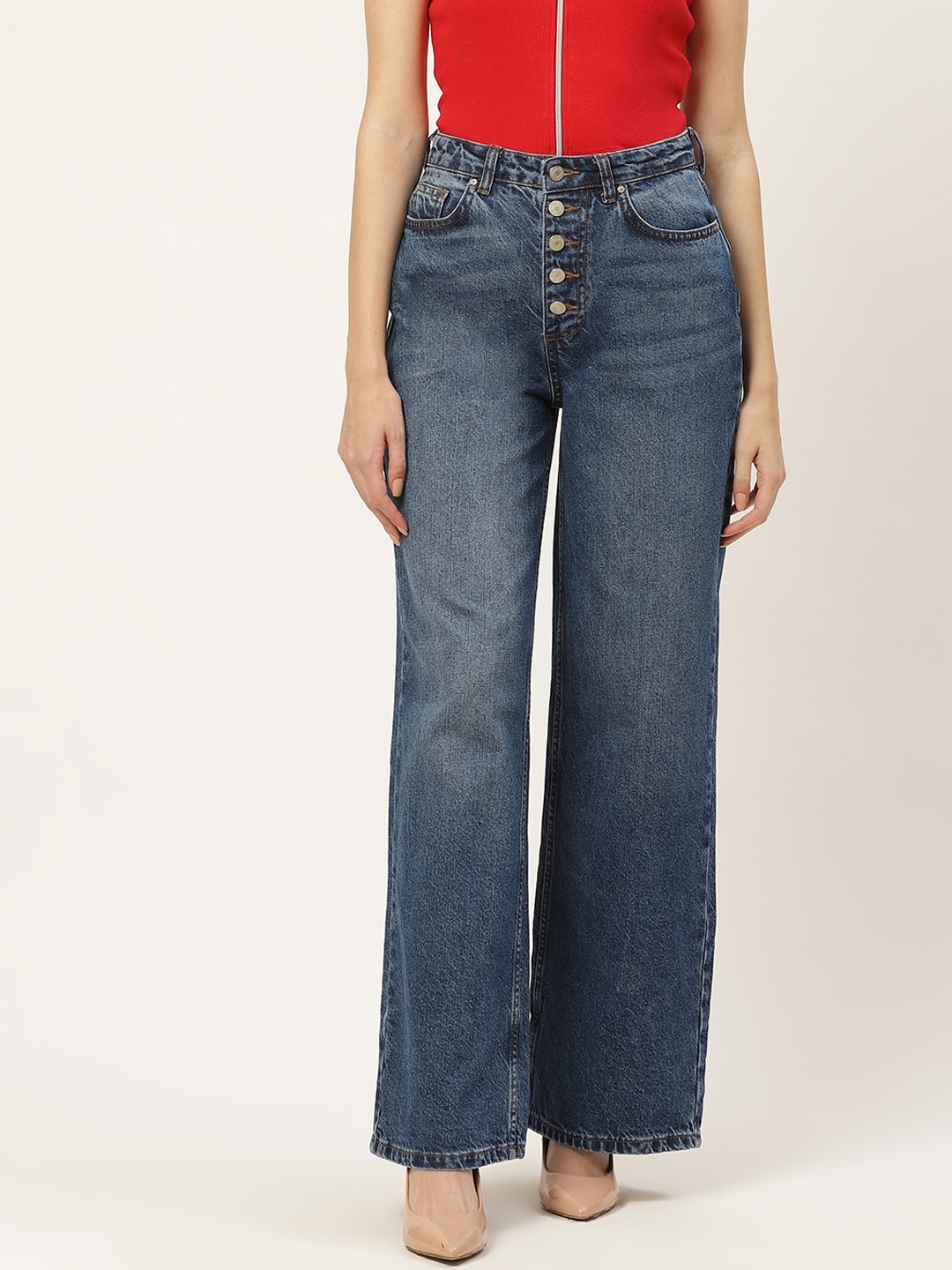 

Trendyol Women Navy Blue Wide Leg High-Rise Light Fade Jeans