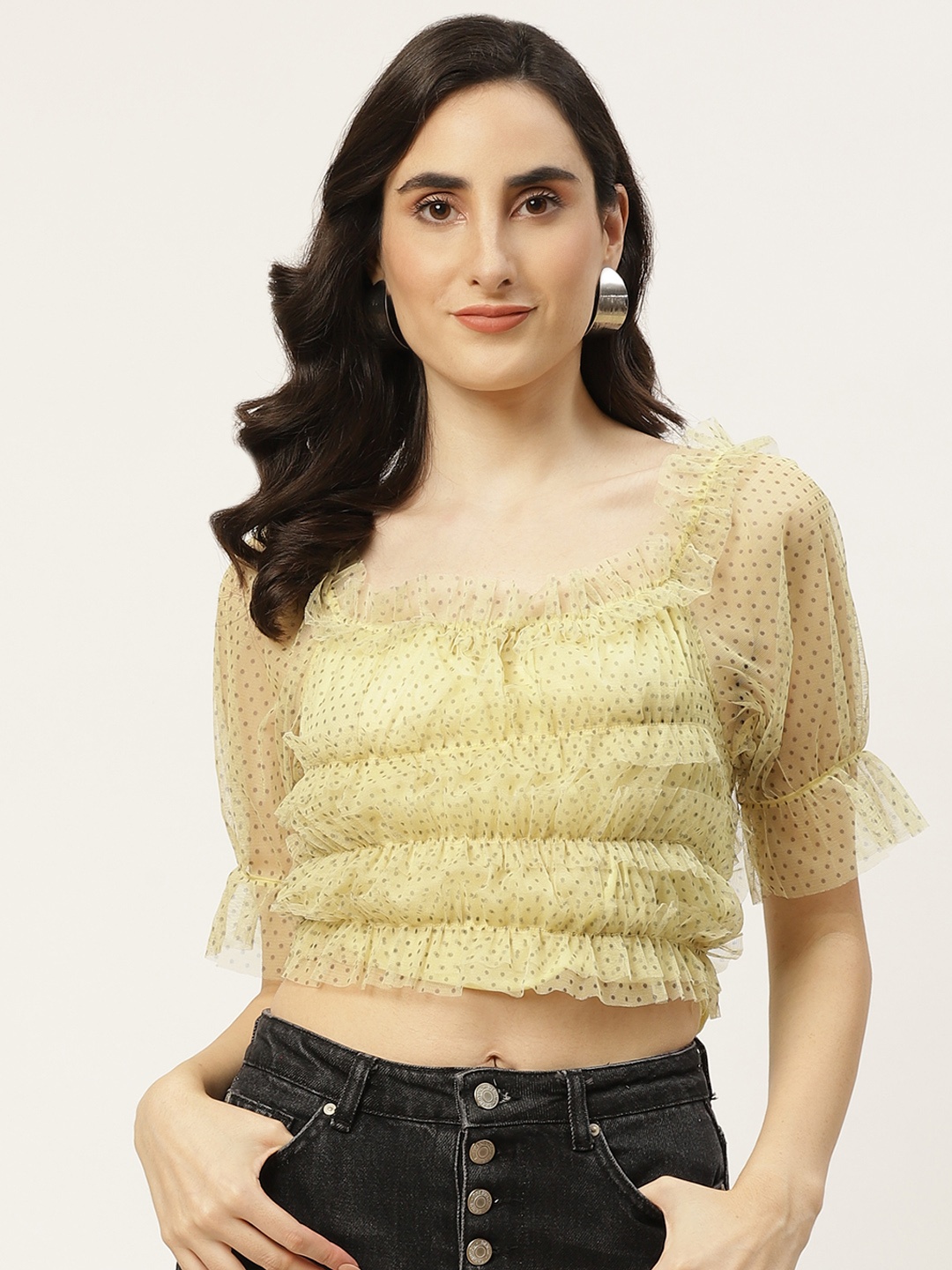 

Trendyol Yellow Grey Geometric Cinched Waist Top