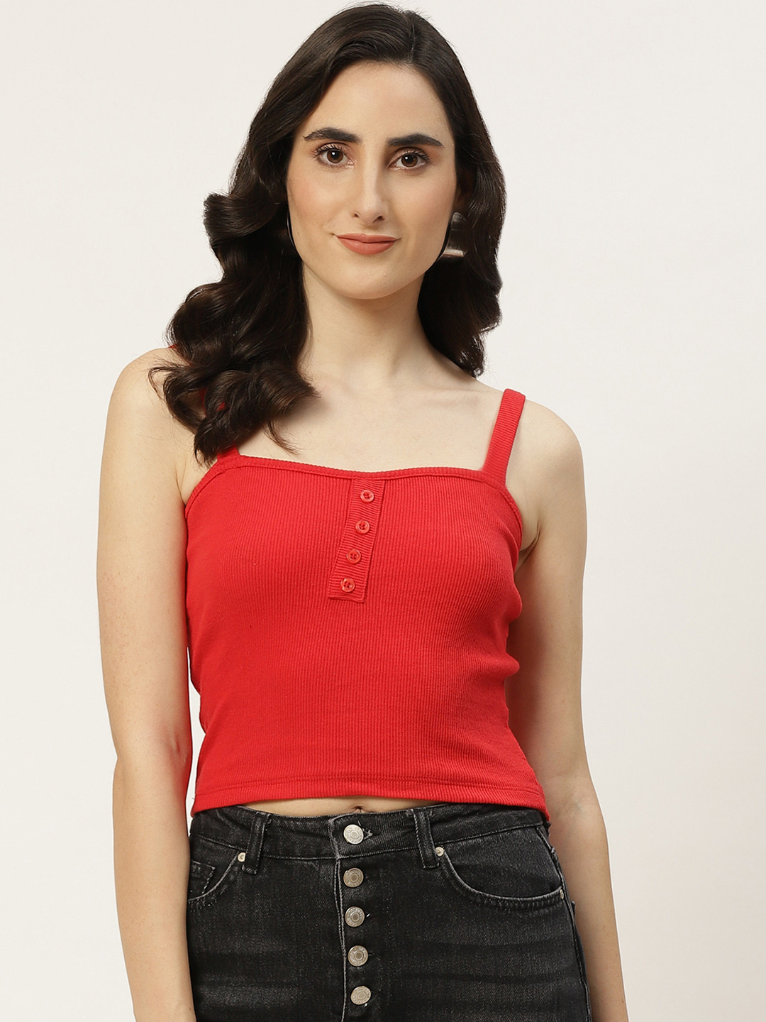 

Trendyol Red Self Striped Regular Crop Top